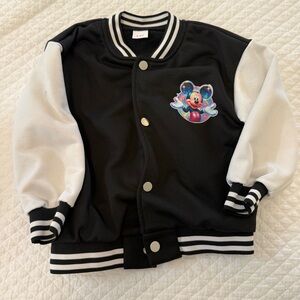 Black and White Mickey Mouse Varsity Jacket with Cinderella’s castle